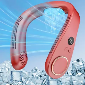 Cooling Neck Fan Rechargeable Cold Air-Neck Air Cooler Conditioner Fan,Necklace Fan Battery Operated with LED Display,4 Fan Speeds and Cooling Plate,Hands Free Head Wearable Personal Fans for Neck Red Neck fan for hands-free comfort