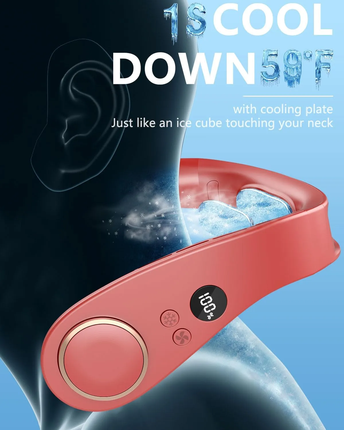 Cooling Neck Fan Rechargeable Cold Air-Neck Air Cooler Conditioner Fan,Necklace Fan Battery Operated with LED Display,4 Fan Speeds and Cooling Plate,Hands Free Head Wearable Personal Fans for Neck Red
