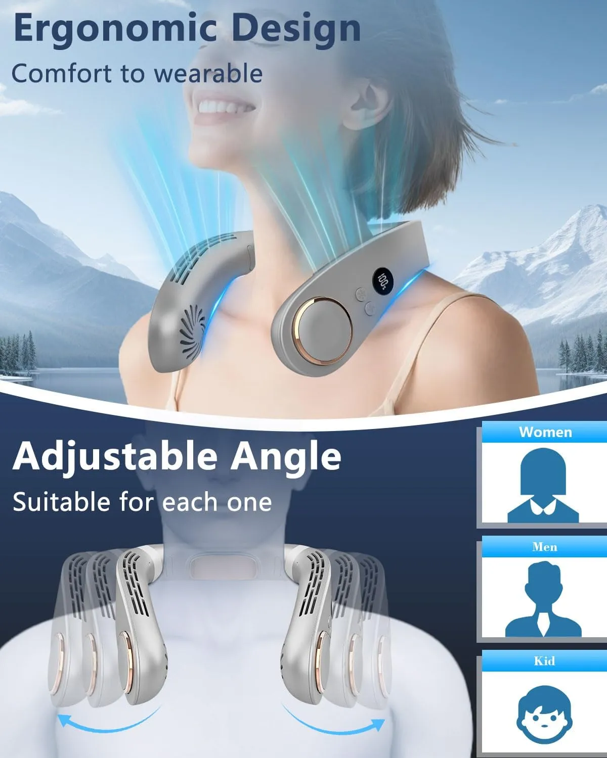 Cooling Neck Fan,Rechargeable Fans that Feel Like Air Conditioners,5500mAh Portable Neck Fan Cooling Plate,Headset Design Face Devices with LED Display for Adults Childrens in Summer Hot Weather Beach