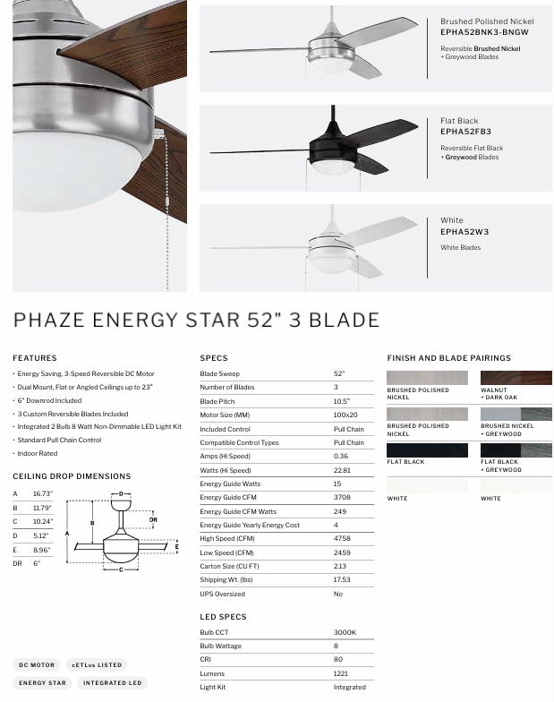 Craft Phaze Energy Star 3 Blade 52" Pull Chain DC Ceiling Fan with LED Light