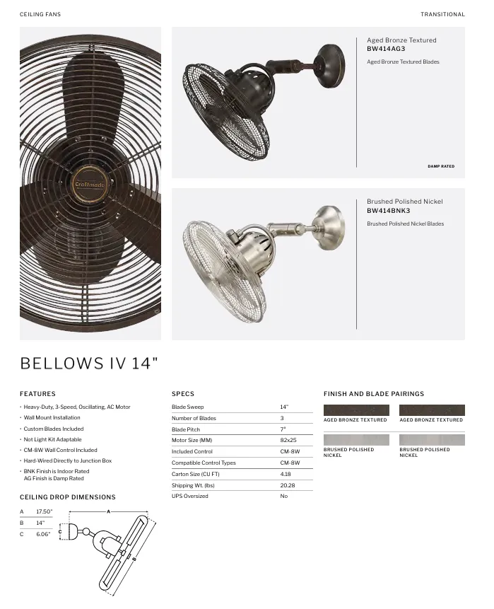 Craftmade Bellows IV 14" Hard Wired Oscillating Wall Fan with Wall Control