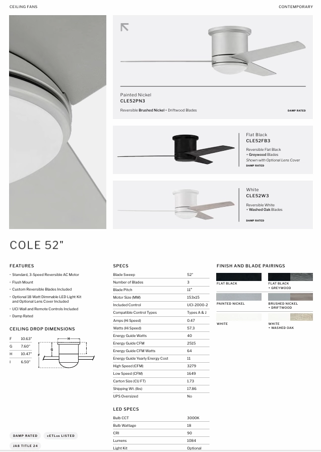 Craftmade Cole Indoor/Outdoor Flushmount Ceiling Fan with Wall and Remote Control