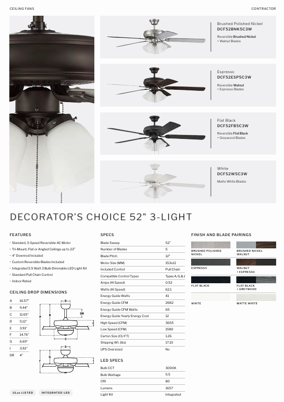 Craftmade Decorator's Choice 52" Pull Chain Ceiling Fan with 3 Light Dimmable LED