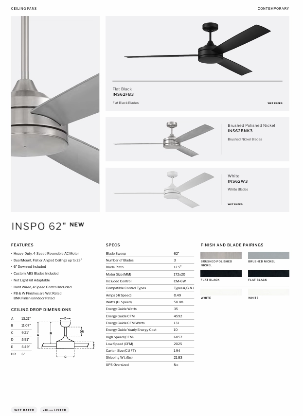 Craftmade Inspo Indoor/Outdoor Ceiling Fan with Wall Control