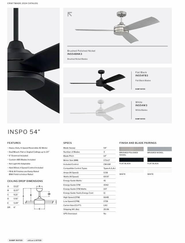 Craftmade Inspo Indoor/Outdoor Ceiling Fan with Wall Control
