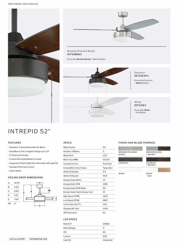 Craftmade Intrepid 52" Pull Chain Ceiling Fan with 9W LED Light