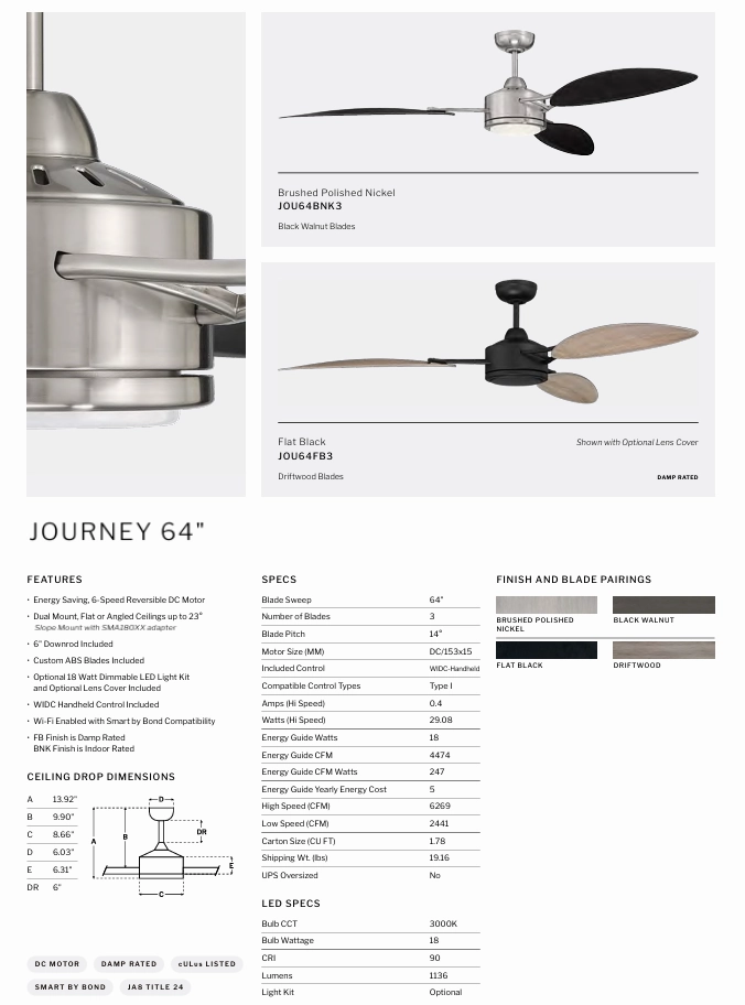 Craftmade Journey 64" Smart Indoor/Outdoor DC Ceiling Fan with Remote