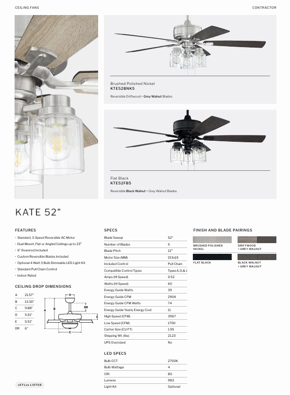 Craftmade Kate 52" Indoor Pull Chain Ceiling Fan with 3 Glass Lights