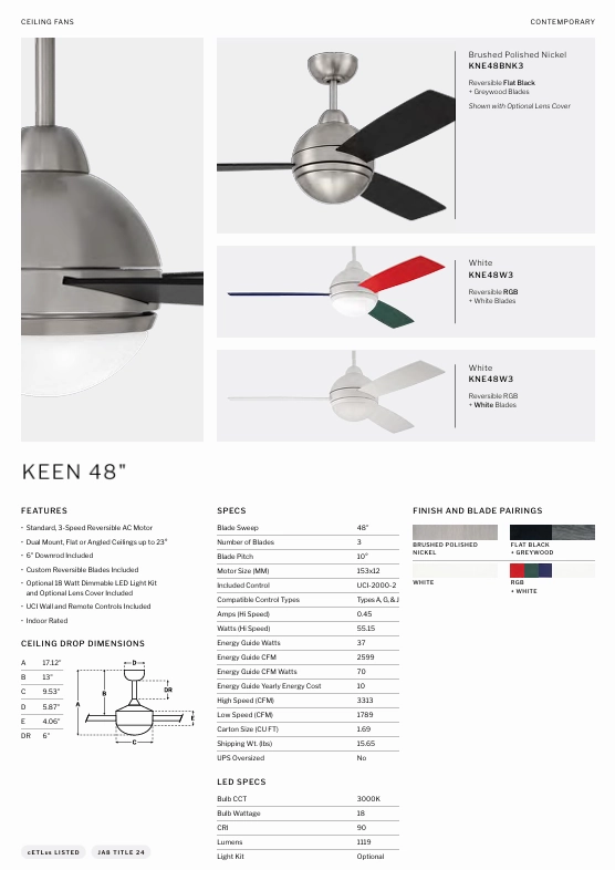 Craftmade Keen 48" Ceiling Fan with 18W LED plus Wall and Remote control
