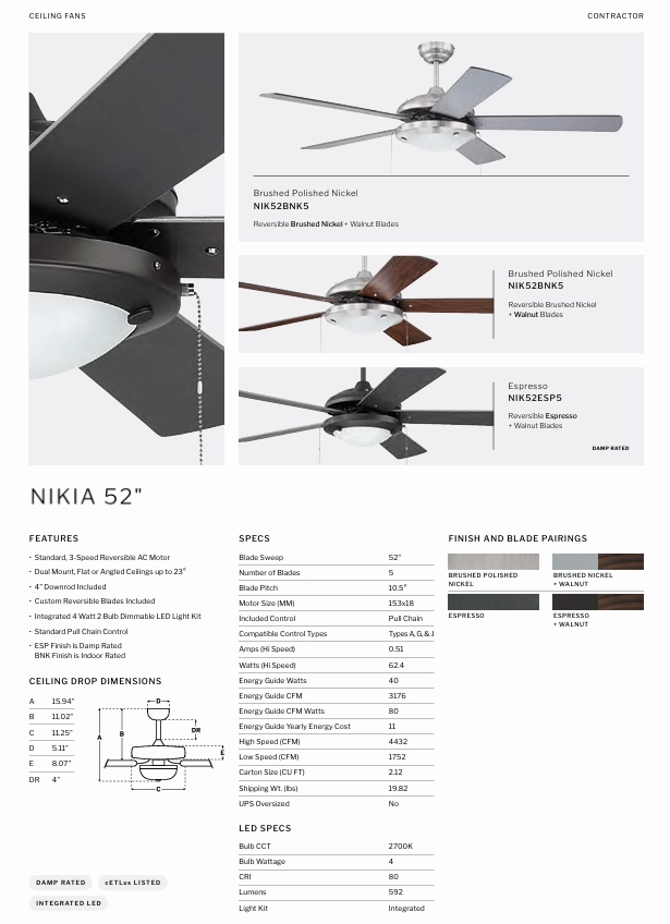 Craftmade Nikia 52" Indoor/Outdoor Pull Chain Ceiling Fan with Dimmable LED Light