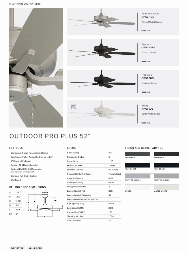 Craftmade Outdoor Pro Plus 52" Pull Chain Ceiling Fan