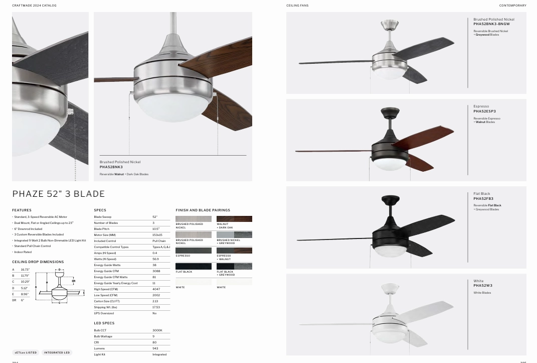 Craftmade Phaze 3 Blade 52" Pull Chain Ceiling Fan with LED Light