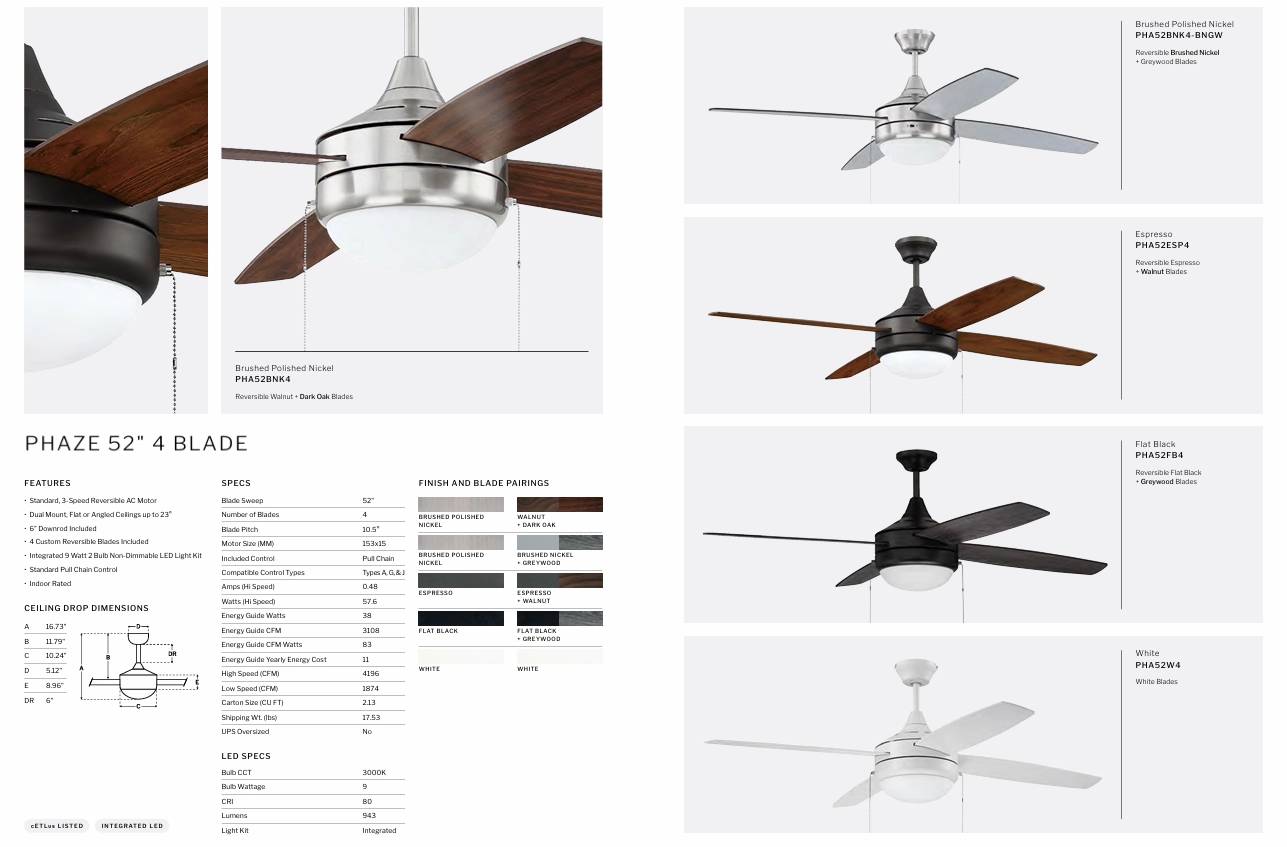 Craftmade Phaze 4 Blade 52" Pull Chain AC Ceiling Fan with LED Light