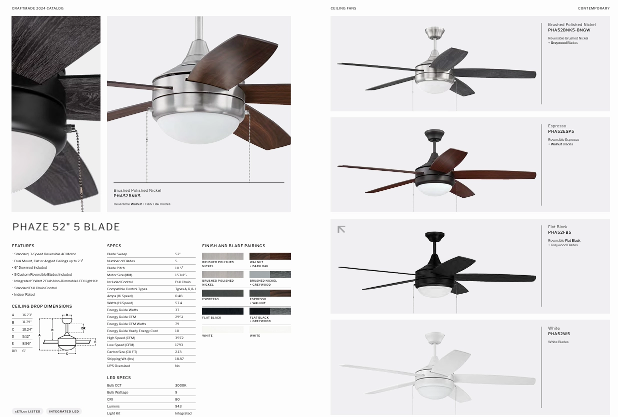 Craftmade Phaze 5 Blade 52" Pull Chain Ceiling Fan with LED Light