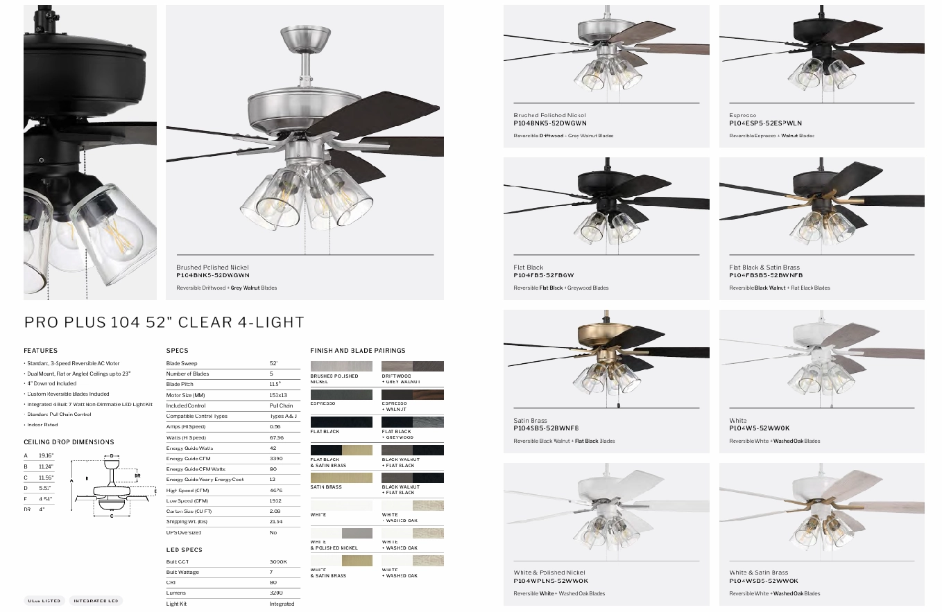 Craftmade Pro Plus 104 52" Pull Chain Clear Ceiling Fan with 4 Light LED Kit