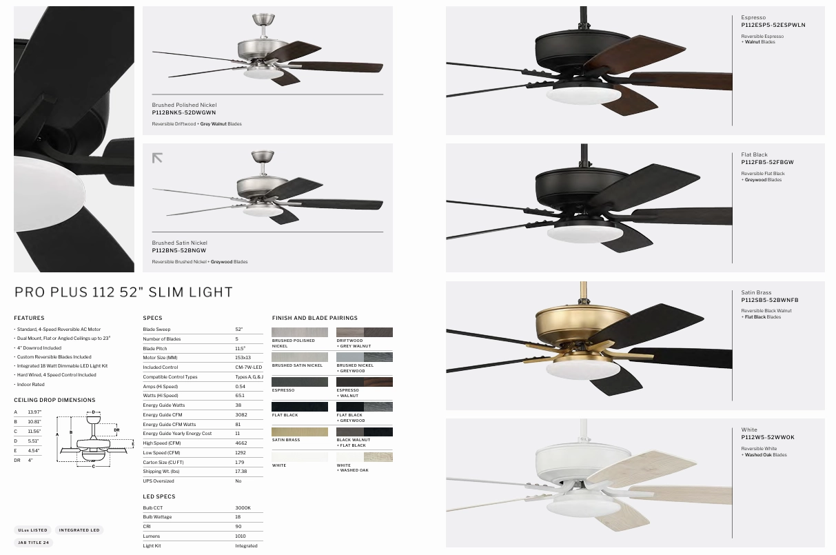 Craftmade Pro Plus 112 52" Ceiling Fan with Slim 18W LED Light and Wall Control