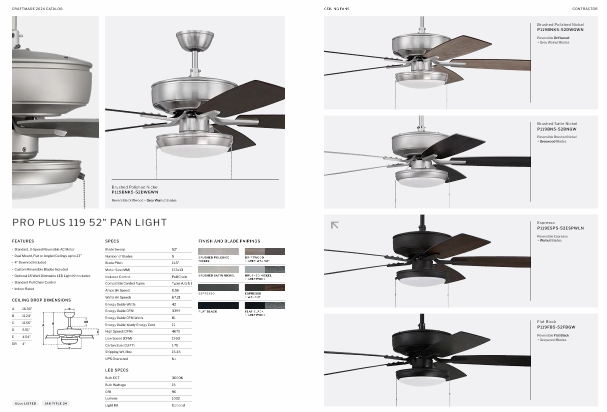 Craftmade Pro Plus 119 52" Pull Chain Ceiling Fan with Pan 18W LED Light
