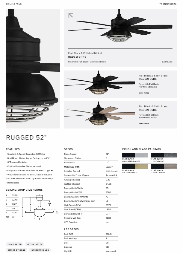Craftmade Rugged 52" Smart Indoor/Outdoor Ceiling Fan with LED Light and Remote