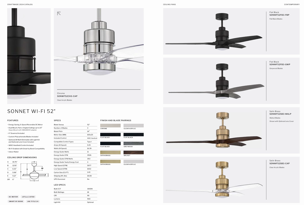 Craftmade Sonnet WiFi Smart DC Ceiling Fan with 18W LED and Remote