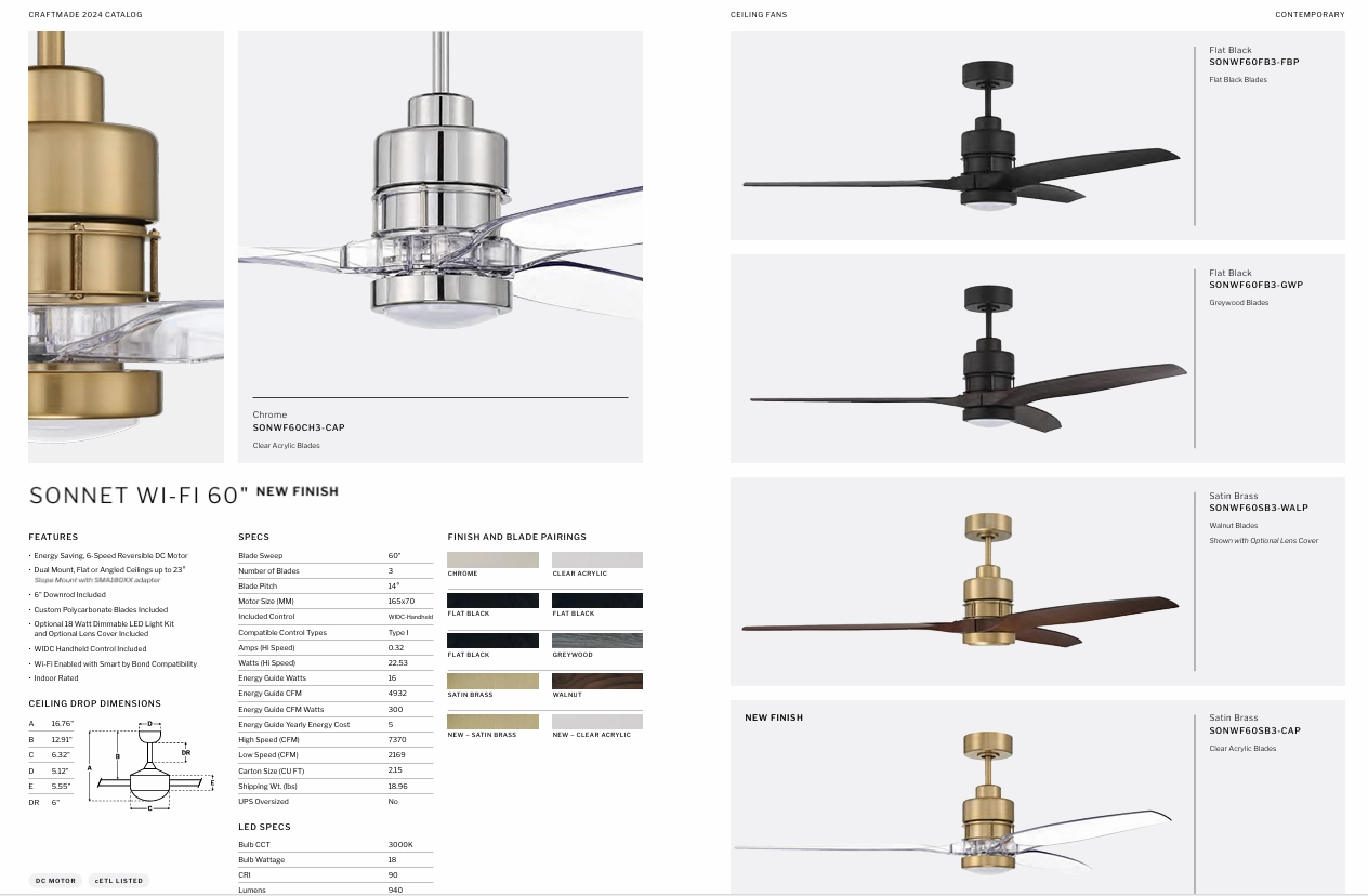 Craftmade Sonnet WiFi Smart DC Ceiling Fan with 18W LED and Remote