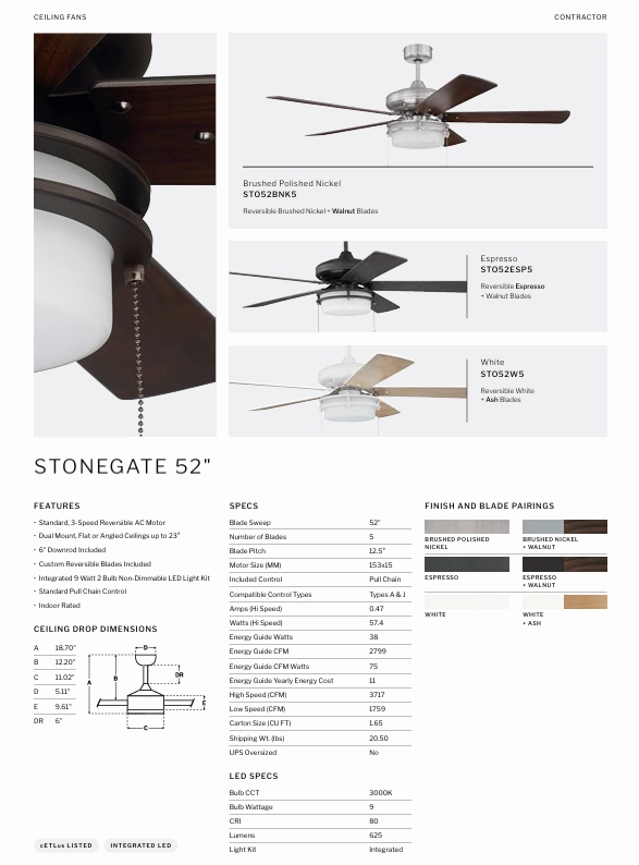 Craftmade Stonegate 52" Pull Chain Ceiling Fan with LED Light