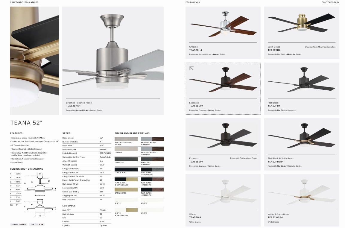 Craftmade Teana 52" Ceiling Fan with 22W LED and Wall Control