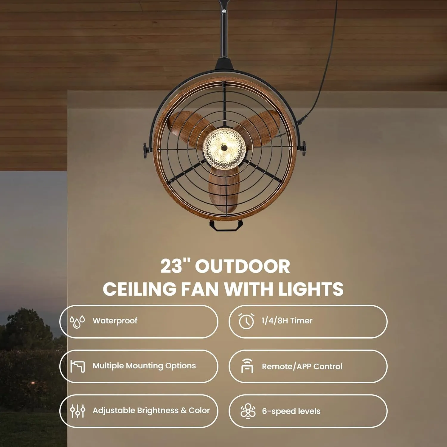 CROSSIO Outdoor Ceiling Fan with Lights, 23 Waterproof Gazebo Fan with Remote Control Smart App, Plug in Caged Ceiling Fan for Patios, Pergola Porch