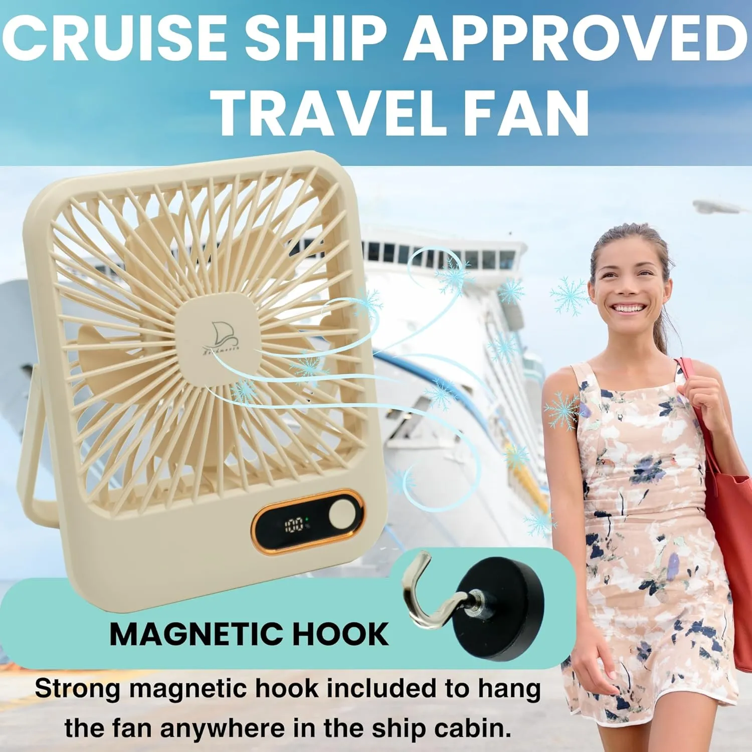 Cruise Ship Approved Fan  Up To 16 Hours Battery Life, USB Rechargeable, Battery-Powered Travel Fan for Sleeping  Magnetic Hook Included for Easy Hanging on Cabin Walls & Ceilings
