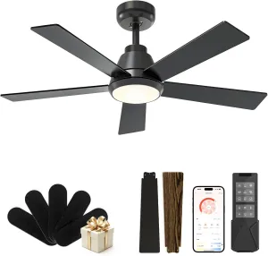 CubiCubi Ceiling Fan, 42" Black Ceiling Fans with Lights and Remote/APP Control, Quiet, 3000-6500K Dimmable, Modern Ceiling Fan with Light for Indoor Bedroom, Living Room, Kitchen App-controlled remote fan for convenience