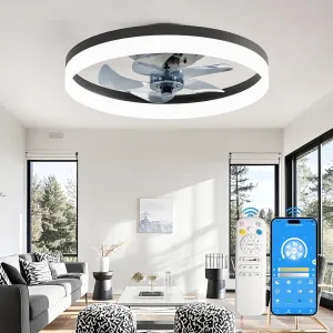 CubiCubi Ceiling Fans with Lights and Remote, 20 Inch Black Low Profile Fandelier with APP Control, Ultra Quiet, Modern Flush Mount LED Fan Light with 3CCT and 6 Wind Speeds, for Bedroom, Dining Room App-controlled remote fan for convenience