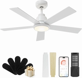 CubiCubi Ceiling Fan, 42" White Ceiling Fans with Lights and Remote/APP Control, Quiet, 3000-6500K Dimmable, Modern Ceiling Fan with Light for Indoor Bedroom, Living Room, Kitchen App-controlled remote fan for convenience