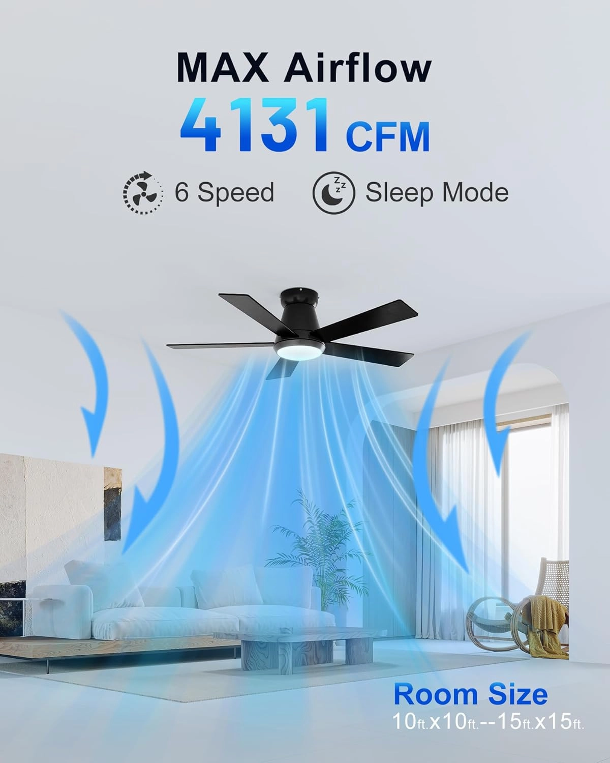 CubiCubi Ceiling Fans with Lights and Remote, 42 Inch Black Low Profile Ceiling Fan with Light/APP Control, Flush Mount, Stepless Dimmable, 6 Speeds, Quiet, LED Smart Ceiling Fans for Indoor Bedroom