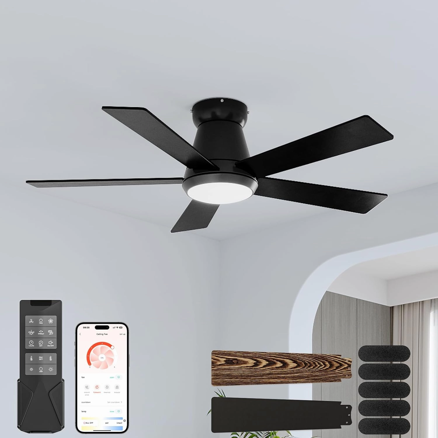 CubiCubi Ceiling Fans with Lights and Remote, 42 Inch Black Low Profile Ceiling Fan with Light/APP Control, Flush Mount, Stepless Dimmable, 6 Speeds, Quiet, LED Smart Ceiling Fans for Indoor Bedroom App-controlled remote fan for convenience