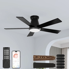 CubiCubi Ceiling Fans with Lights and Remote, 42 Inch Black Low Profile Ceiling Fan with Light/APP Control, Flush Mount, Stepless Dimmable, 6 Speeds, Quiet, LED Smart Ceiling Fans for Indoor Bedroom App-controlled remote fan for convenience