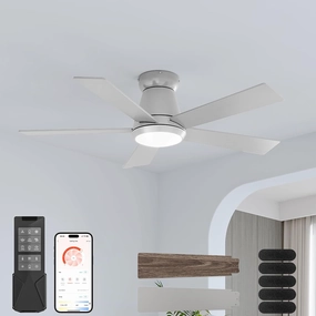 CubiCubi Ceiling Fans with Lights and Remote, 42 Inch Silver Low Profile Ceiling Fan with Light/APP Control, Flush Mount, Stepless Dimmable, 6 Speeds, Quiet, LED Smart Ceiling Fans for Indoor Bedroom App-controlled remote fan for convenience