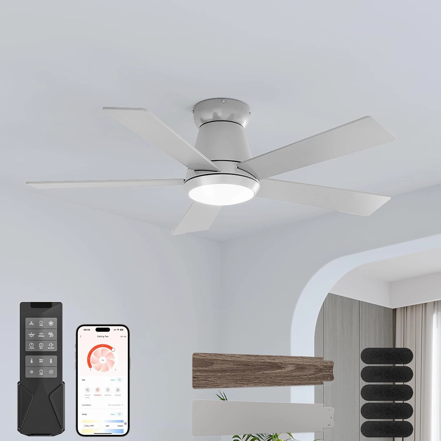 CubiCubi Ceiling Fans with Lights and Remote, 42 Inch Silver Low Profile Ceiling Fan with Light/APP Control, Flush Mount, Stepless Dimmable, 6 Speeds, Quiet, LED Smart Ceiling Fans for Indoor Bedroom App-controlled remote fan for convenience