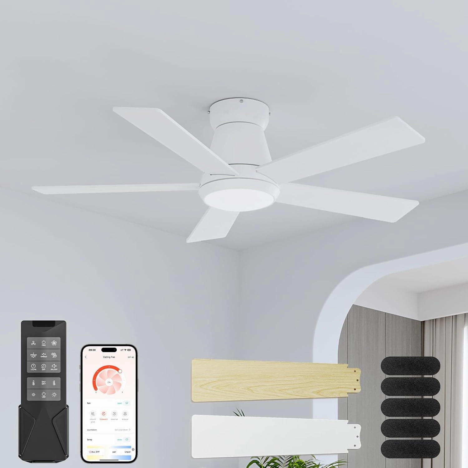 CubiCubi Ceiling Fans with Lights and Remote, 42 Inch White Low Profile Ceiling Fan with Light/APP Control, Flush Mount, Stepless Dimmable, 6 Speeds, Quiet, LED Smart Ceiling Fans for Indoor Bedroom App-controlled remote fan for convenience