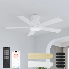 CubiCubi Ceiling Fans with Lights and Remote, 42 Inch White Low Profile Ceiling Fan with Light/APP Control, Flush Mount, Stepless Dimmable, 6 Speeds, Quiet, LED Smart Ceiling Fans for Indoor Bedroom App-controlled remote fan for convenience