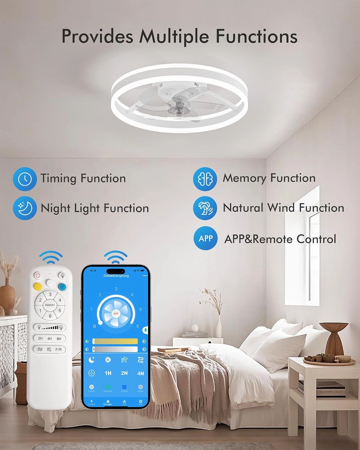 CubiCubi Modern Ceiling Fans with Lights, 20 Inch Black Fandelier with Remote Control and APP, LED Fan Light with 3CCT and 6 Wind Speeds, Low Profile Flush Mount Fan for Bedroom, Dining Room