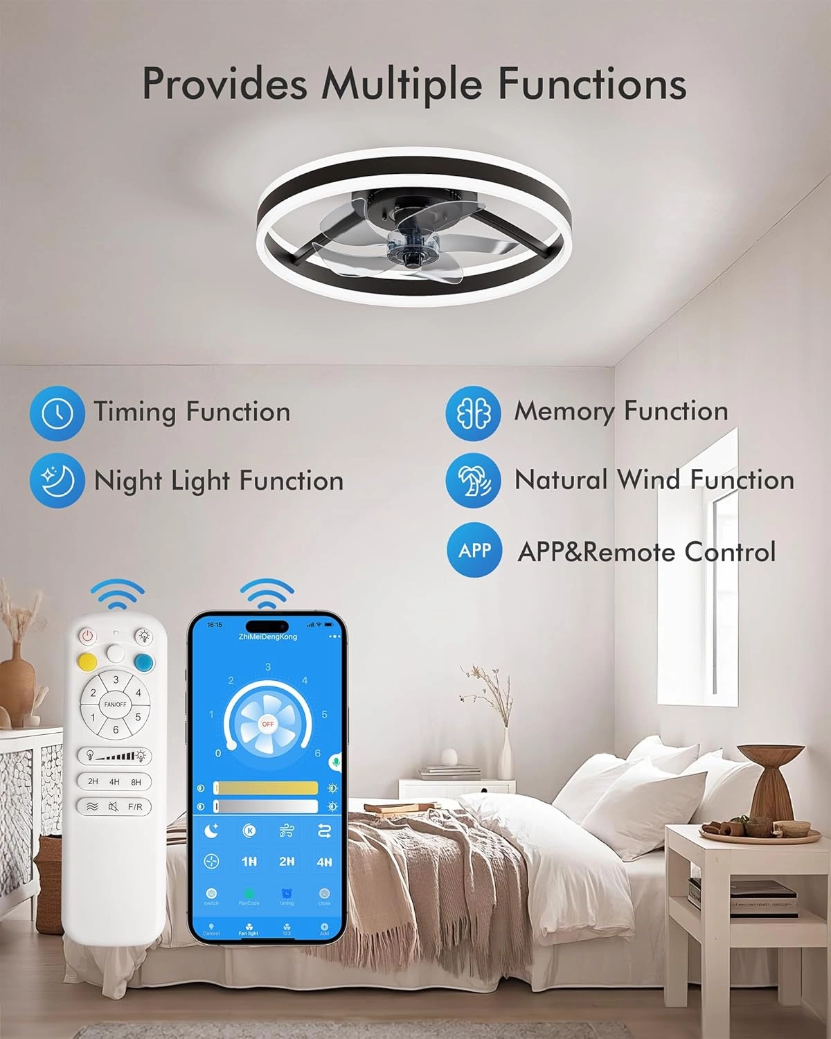 CubiCubi Modern Ceiling Fans with Lights, 20 Inch Black Fandelier with Remote Control and APP, Quiet LED Fan Light with 3CCT and 6 Wind Speeds, Low Profile Flush Mount Fan for Bedroom, Dining Room