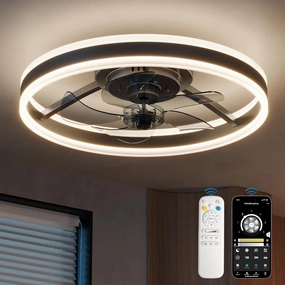 CubiCubi Modern Ceiling Fans with Lights, 20 Inch Black Fandelier with Remote Control and APP, Quiet LED Fan Light with 3CCT and 6 Wind Speeds, Low Profile Flush Mount Fan for Bedroom, Dining Room App-controlled remote fan for convenience