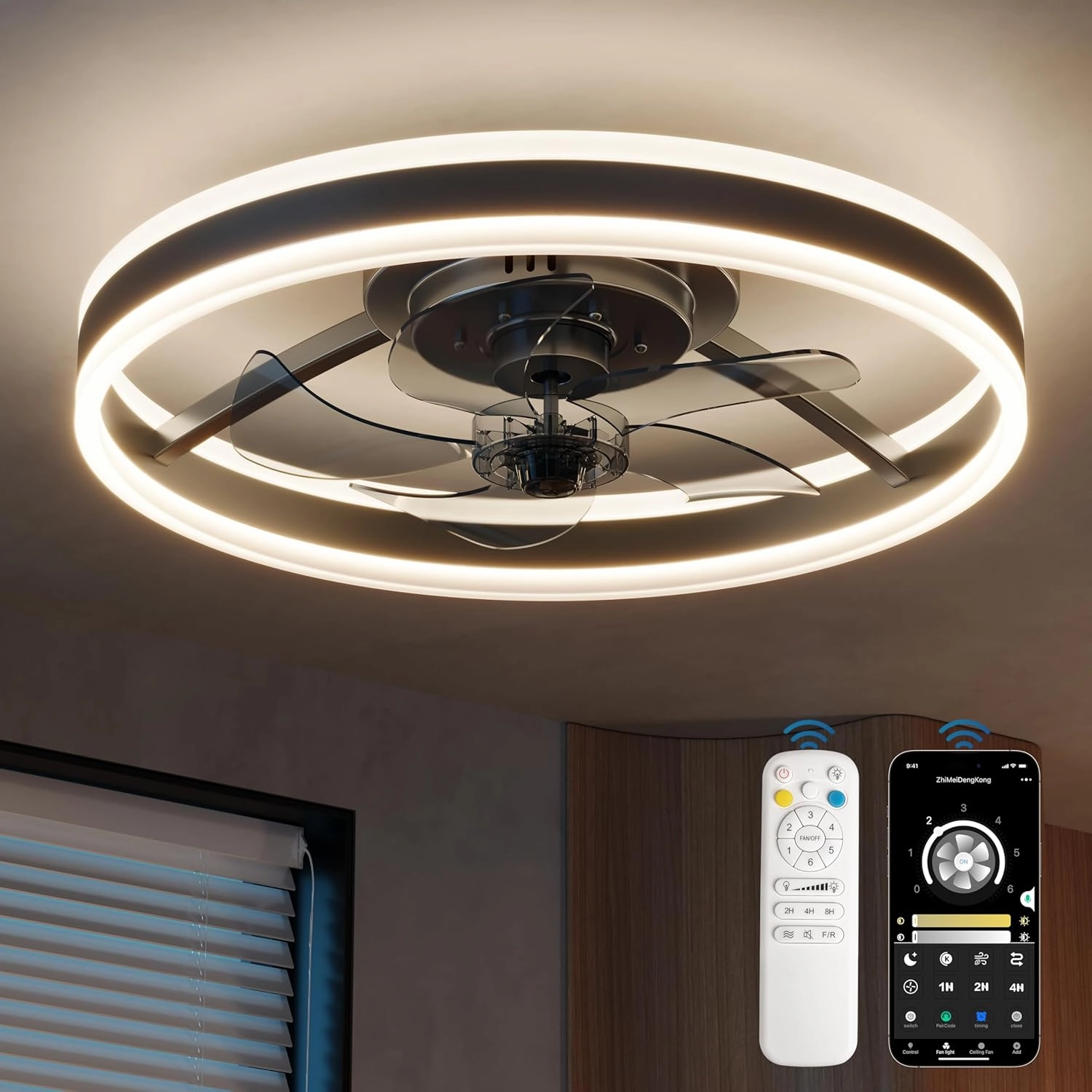 CubiCubi Modern Ceiling Fans with Lights, 20 Inch Black Fandelier with Remote Control and APP, Quiet LED Fan Light with 3CCT and 6 Wind Speeds, Low Profile Flush Mount Fan for Bedroom, Dining Room App-controlled remote fan for convenience
