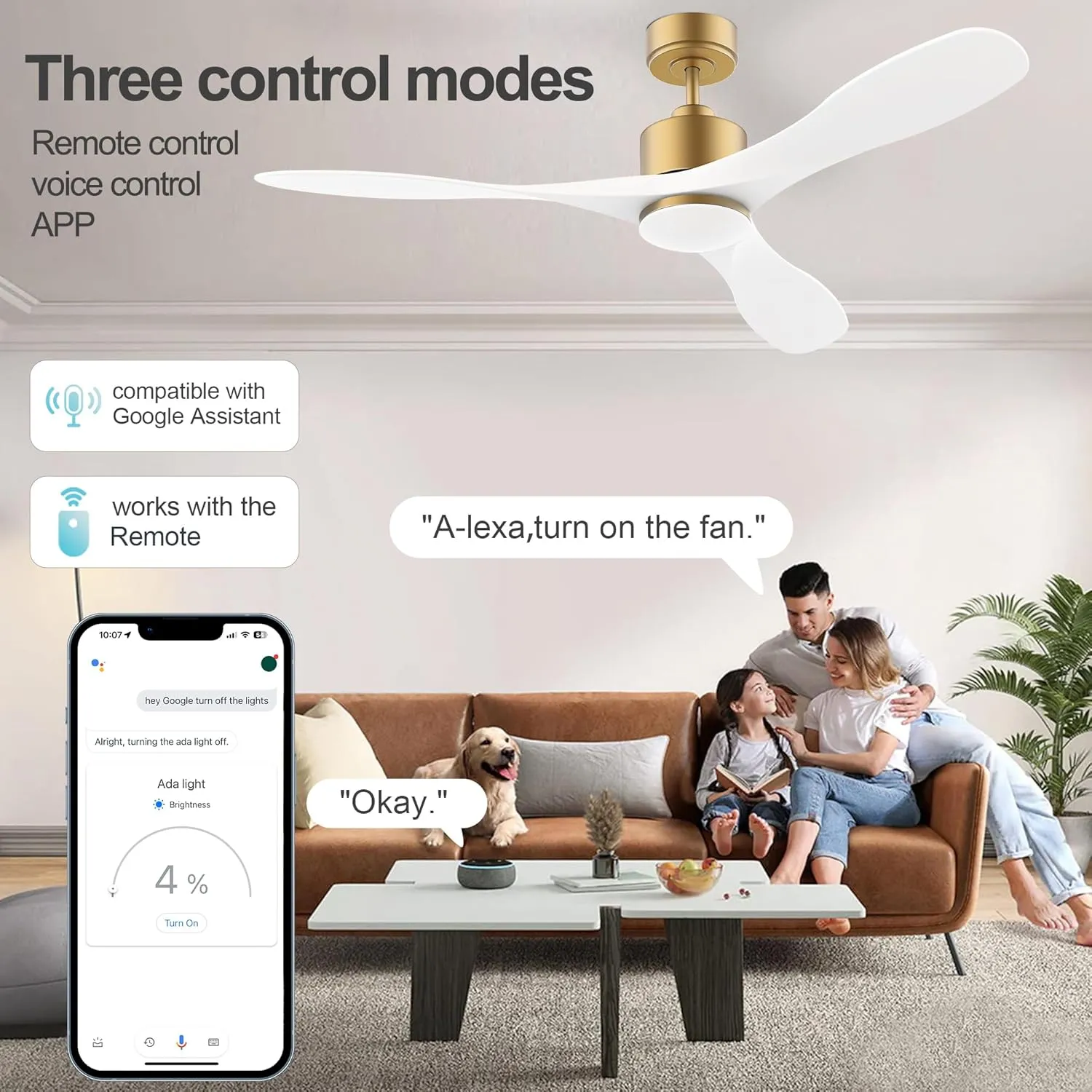 cumilo 52" Smart Ceiling Fans with Lights Remote,Quiet DC Motor,Dimmable,Gold and White Outdoor Indoor Ceiling Fan,Control with Voice Alexa App, for Modern Bedroom Patios