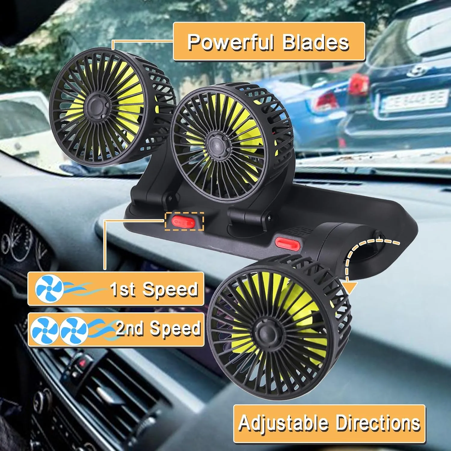 Dashboard Fan for Car, Triple Heads Car Cooling Fan (12V/1A Plug)