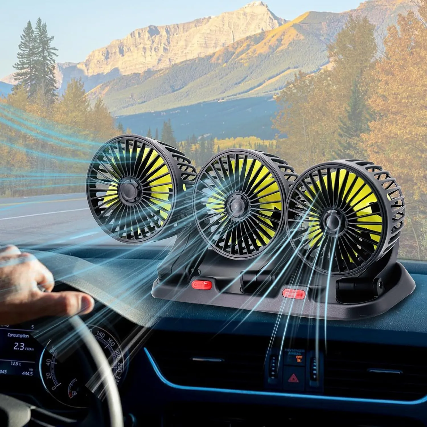 Dashboard Fan for Car, Triple Heads Car Cooling Fan (12V/1A Plug) Solar-powered car fan for ventilation