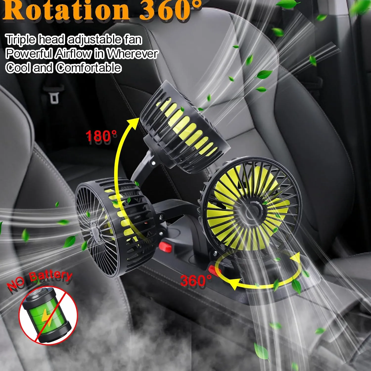 Dashboard Fan for Car, Triple Heads Car Cooling Fan (12V/1A Plug)