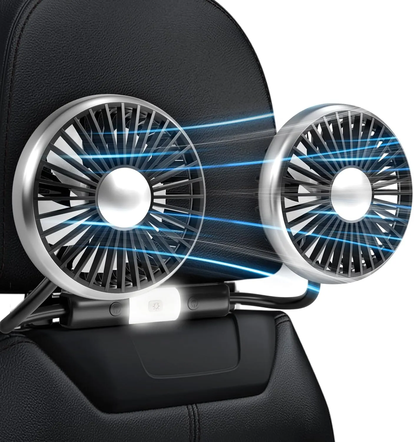 Dealswin Car Fan for Backseat, Dual Head Hose CarFan with Led Lights, Portable USB Fan for Car, 3 Speeds 360 Degree Rotatable Cooling Car Fans for Vehicles SUV Truck Rear-mounted fan for childrens safety