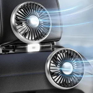 Dealswin Car Fan for Backseat Kids, 2025 Upgraded Dual-Head Car Seat Fans with LED Lights, 3-Speed and 360 Rotatable USB Powered for SUV, RV, Truck, Vehicles Solar-powered car fan for ventilation