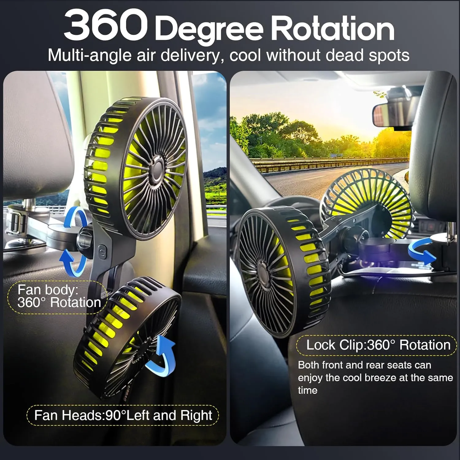 Dealswin Car Fan for Backseat kids, Dual Head USB Car Seat Fans, 360 Rotatable Strong Wind Rear Headrest CarFan for Baby, Air Circulation Fan with Adjustable Clip for Vehicles SUV RV