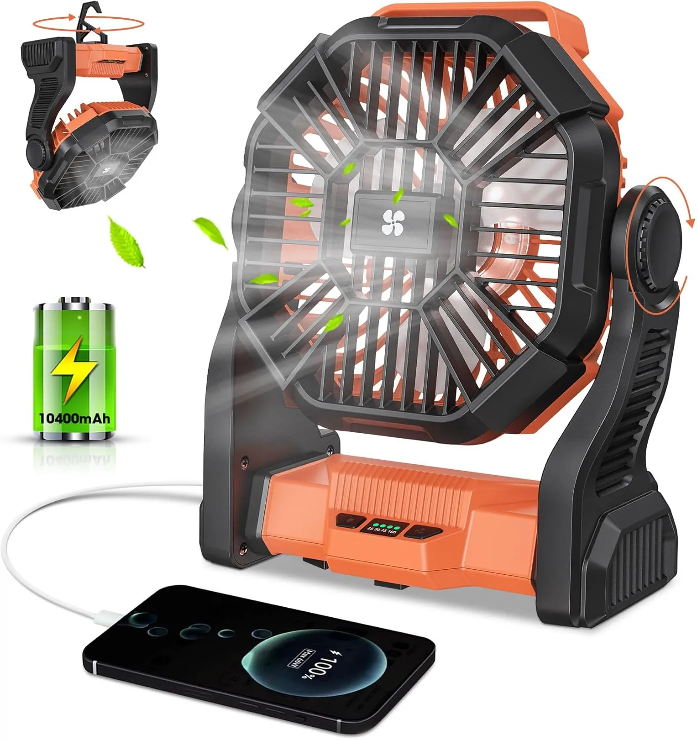 Deller 20400mAh Portable Rechargeable Fan, Tent Fan for Camping with LED Light & Hook, Battery Powered Fans for Beach Travel Treadmill Camping Gear Battery-powered portable fan